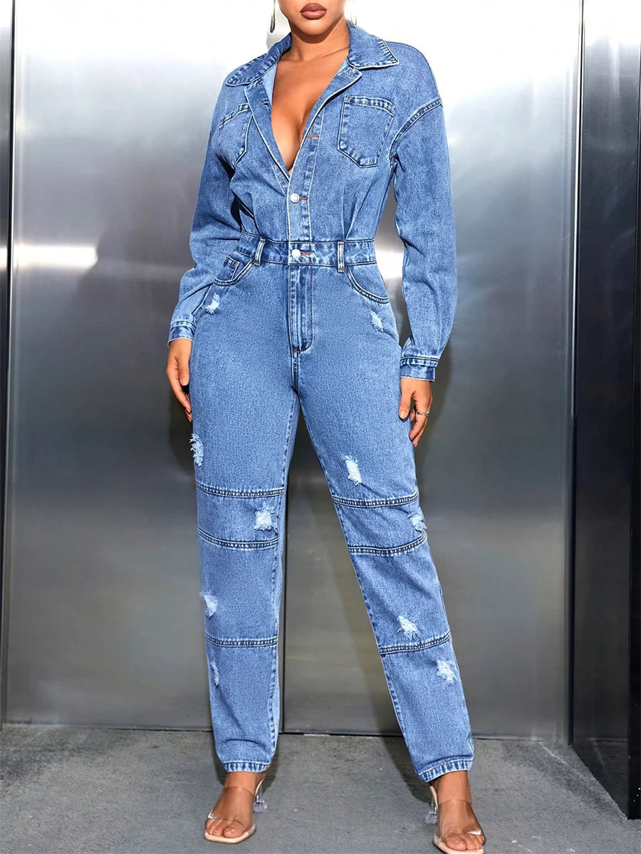 Casual Ripped Denim Jumpsuit